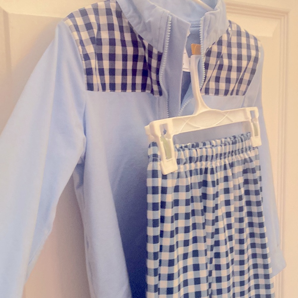 Smockingbird Spring Outfit. Boys Blue Gingham Matching Pants/Top Set. Size 5.